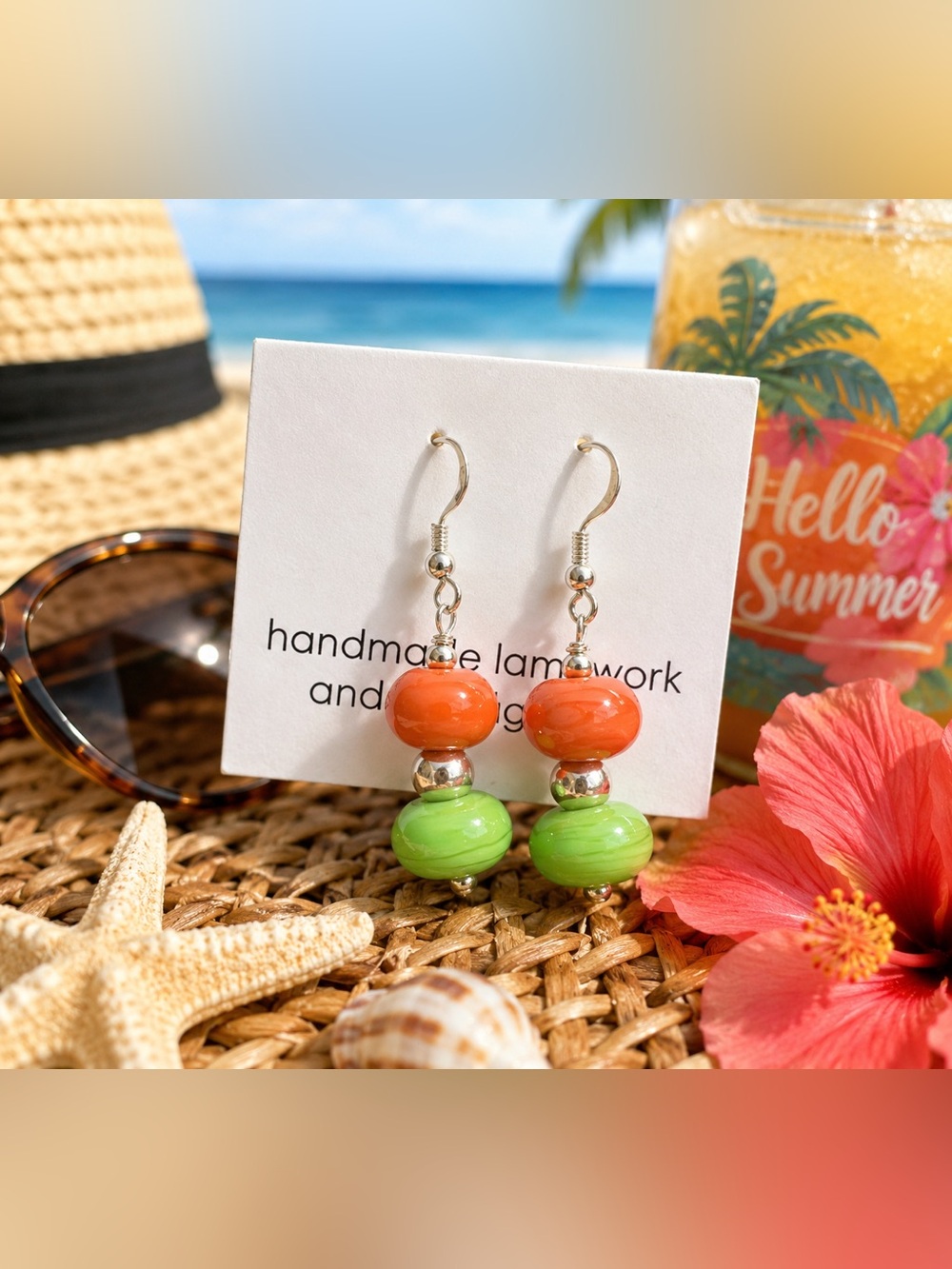 Lampwork Sterling Silver Orange and Green Drop Earrings - Picture 1 of 4
